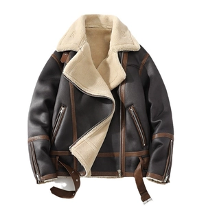 Men's vintage dark brown shearling leather biker jacket with thick faux fur lining