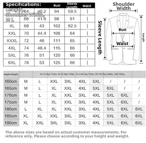 Detailed size chart for men floral suit jacket including sleeve and chest measurements