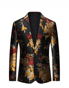 Macro shot of detailed red and gold floral jacquard embroidery on luxury men's blazer fabric
