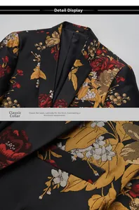 Detailed view of the classic notched lapel and intricate floral jacquard fabric texture