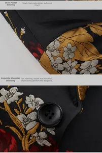 Close-up of floral gold embroidery on black blazer with premium pocket and button detail