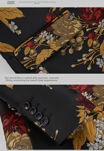 Detail view of the gold floral jacquard pattern and premium four-button cuff on the blazer