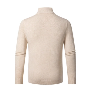 Macro shot of the ribbed hem and back texture of a men's beige slim half-zip knit sweater