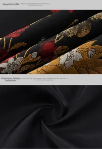 Close-up of floral embroidery on black sleeve and detailed twill polyester fabric