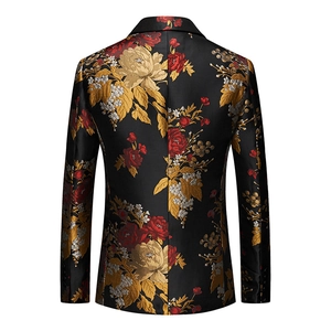 Slim fit men's floral jacquard suit blazer with gold embroidery and back view design