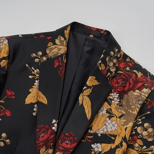 Men's slim fit suit blazer with vintage red rose and gold leaf floral jacquard pattern