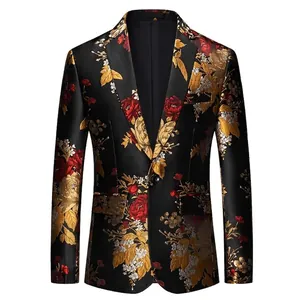 Slim fit men's blazer featuring luxury floral jacquard patterns and a single button closure