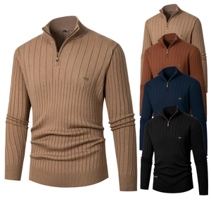 Pull en Tricot Décontracté à Manches Longues Slim Fit pour Hommes Demi-Zip Col Montant Couleur Unie