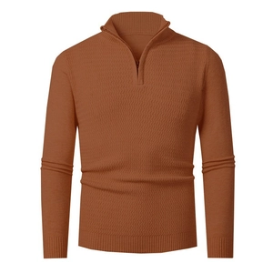 Men's slim fit tan knit sweater with stand collar, quarter zip and wave textured patterns