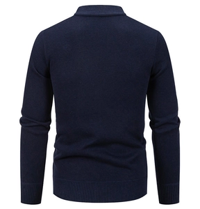 Rear view detail of dark blue slim fit ribbed cuffs and hem on men knit cardigan sweater