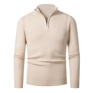 Men's 1/4 Zip Stand Collar Knitted Sweater Wave Texture Solid Color Long Sleeve Pullover Autumn Winter Casual Knitwear Top