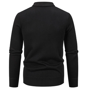Rear view of black men's knit cardigan with ribbed cuffs and stand collar details