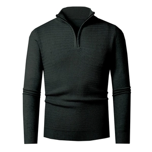Slim fit black men's half-zip knit sweater with stand collar and textured wave pattern