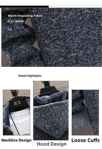 Close-up of winter fleece lining and grey marl knit texture on hooded jacket