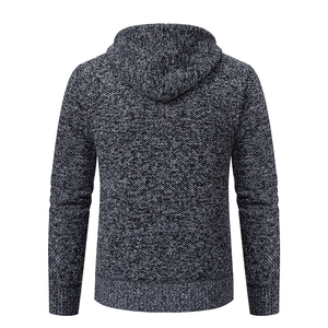 Detailed back view showing thick grey marl knit texture and ribbed hem on hooded sweater