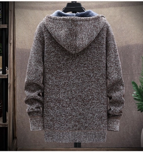 Rear view of men's knitted hooded jacket with thick fleece lining in grey-brown blend