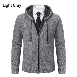 Detail view of men's gray knitted hoodie with thick fleece lining and zip closure