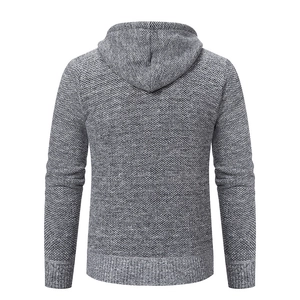 Back view of men's grey melange knitted hoodie with ribbed cuffs and hem