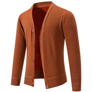 Men's caramel knit cardigan with warm fleece lining and classic button front closure