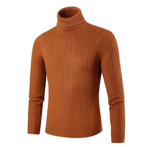 Men's caramel turtleneck knit sweater featuring classic cable knit and ribbed trim