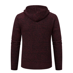 Detailed back view of a men's thick burgundy hooded knit cardigan with ribbed cuffs