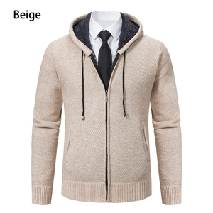Detail of beige men's hooded cardigan showing zipper, drawstring, and thick knit texture