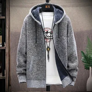 Men's thick thermal knit cardigan with gray waffle knit exterior and fleece lining