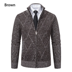 Detail view of brown diamond knit pattern and zipper on the stand-up collar cardigan