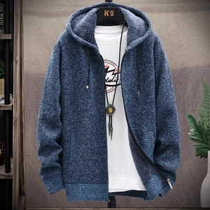 Men's thick knit hooded cardigan with fleece lining in navy blue mixed color