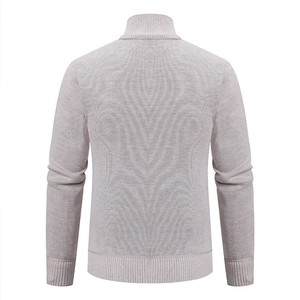 Rear view of a light gray men's knitted jacket featuring ribbed cuffs and a stand collar