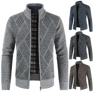 Herren Winter Verdickter Gefütterter Strickcardigan Stehkragen Reißverschluss Geometrisches Rautenmuster Freizeitjacke