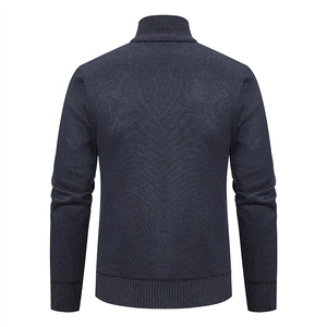 Rear view of men's dark grey knit cardigan showing high rib collar and thick texture