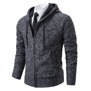 Men's hooded knit cardigan in grey marl with thick fleece lining and zip-up front