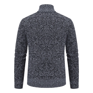 Detailed back view of a men's slim fit striped cardigan with high collar in grey knit