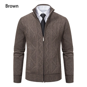 Close-up of brown men's zip-up cardigan with geometric diamond patterns and ribbed collar