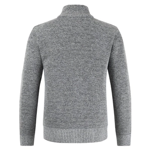 Men's casual grey waffle knit cardigan sweater with high stand collar and ribbed cuffs
