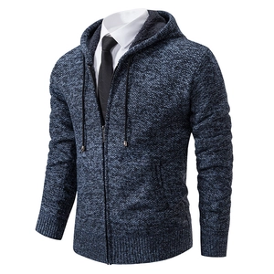 Men's hooded knit jacket with thick fleece lining and blue-black marled knit texture