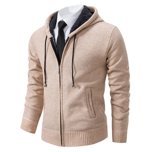 Men's waffle knit hooded cardigan with warm gray fleece lining in apricot beige color