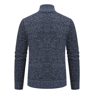 Back view of a navy blue knit cardigan with a ribbed hem and stand collar for men