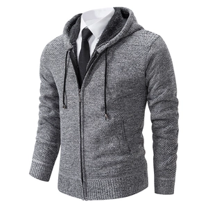 Men's grey hooded knit jacket with fleece lining and premium metal zipper detail