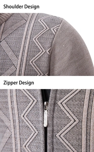 Detail of premium geometric pattern knit and silver metal zipper on men sweater