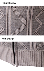 Detail of men's knit cardigan showing geometric jacquard fabric and ribbed hem design