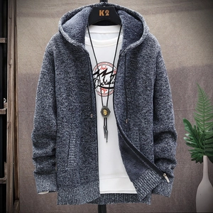 Men's Winter Fleece Lined Cardigan Sweater Thickened Casual Hooded Zip Up Knitted Outerwear Coat Jacket