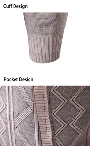 Detail view of ribbed cuffs and geometric plaid knit pocket on men's winter cardigan