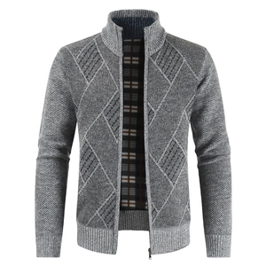 Men's grey zip-up cardigan with geometric diamond knit pattern and fleece lining
