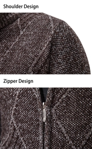 Close-up of shoulder cut and metal zipper detail on brown knit cardigan jacket