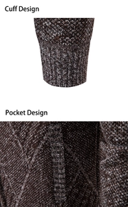 Detail view of ribbed cuff and pocket design on a brown knit cardigan for men