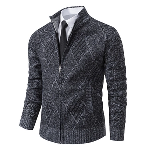 Slim fit men's striped cardigan knitwear with stand collar and diamond pattern