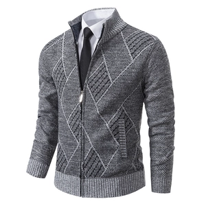 Men's grey zip-up cardigan jacket with geometric diamond knit pattern and stand collar
