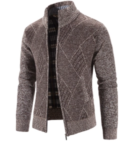 Detail der Herren-Strickjacke mit Fleecefutter, Stehkragen und Rautenmuster-Struktur